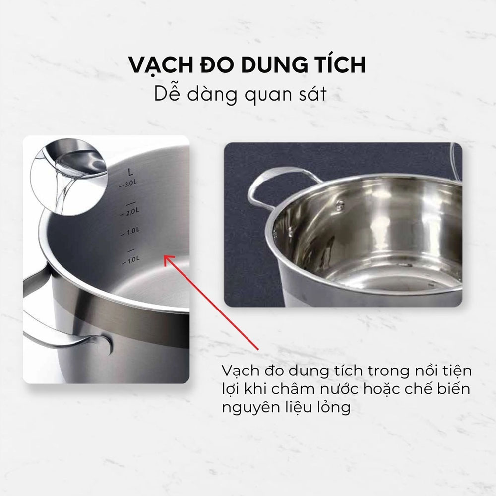 Vạch đo dung tích trong nồi tiện lợi khi châm nước hoặc chế biến