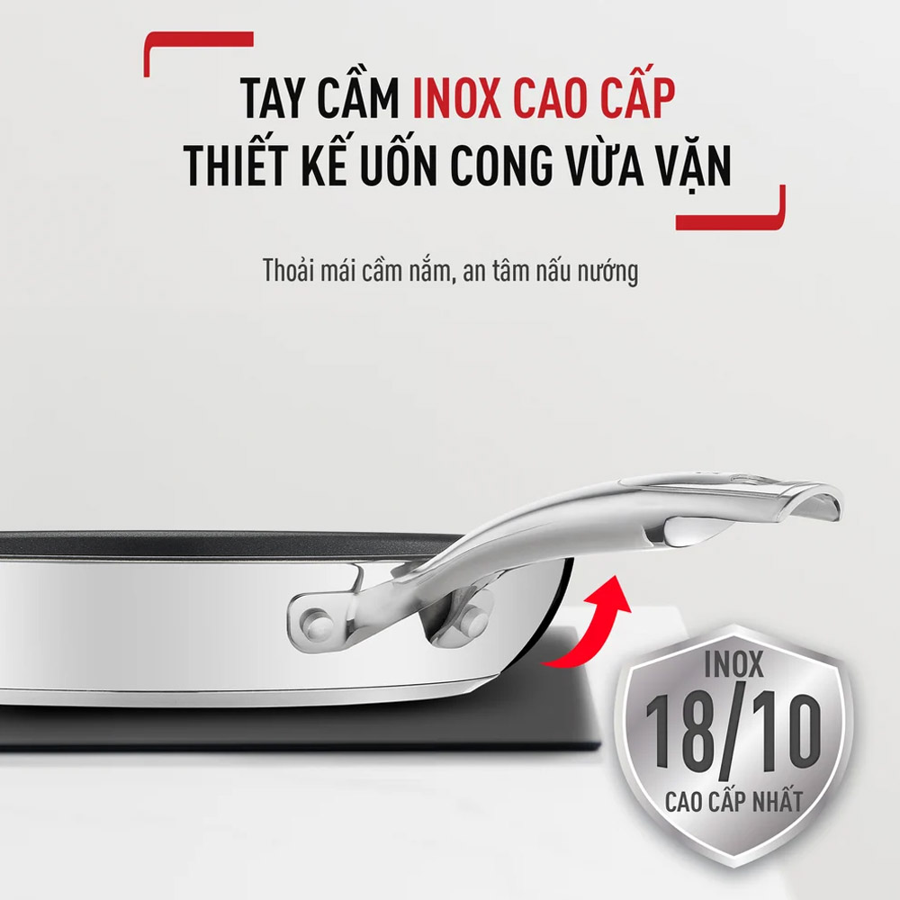 Cán chảo bằng inox nguyên khối, gắn chắc vào thân bằng đinh tán