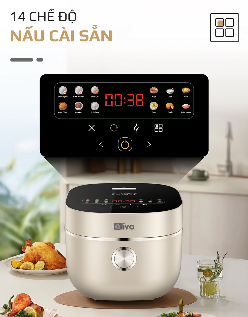 Nồi cơm điện cao tần OLIVO RC800IH tích hợp 14 chế độ cài đặt sẵn