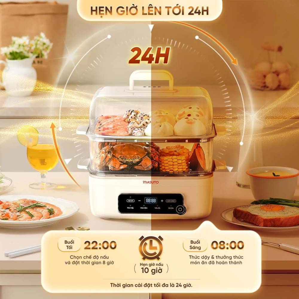 Nồi Hấp Điện Đa Năng Masuto MSSteam hỗ trợ hẹn giờ đến 24 giờ