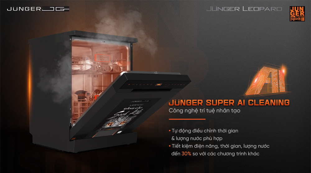 Công nghệ Junger Super AI Cleaning tự động điều chỉnh thời gian và lượng nước rửa phù hợp