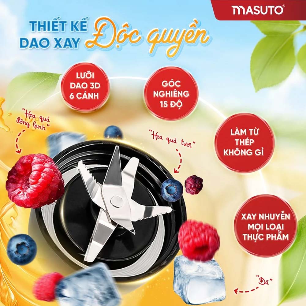 Máy Xay Sinh Tố Blender Masuto BL399B sở hữu dao xay 3D bằng thép không gỉ