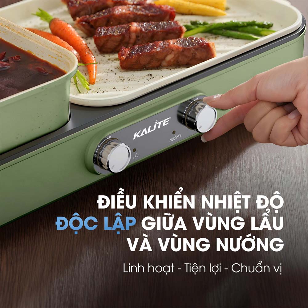 Hệ thống điều khiển nhiệt độ độc lập cho hai vùng lẩu và nướng, tiện dụng
