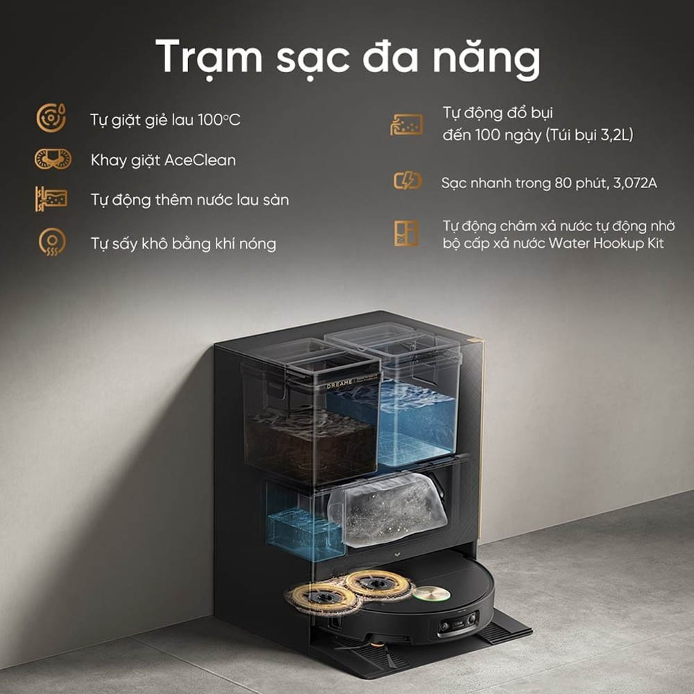 Trạm sạc đa năng giúp tự động hóa hầu hết các công đoạn vệ sinh