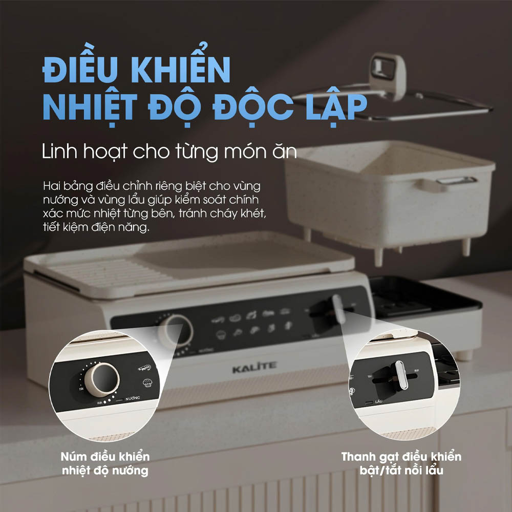 Bếp Lẩu Nướng Đa Năng Kalite KLG555 sở hữu hai bảng điều chỉnh nhiệt độ