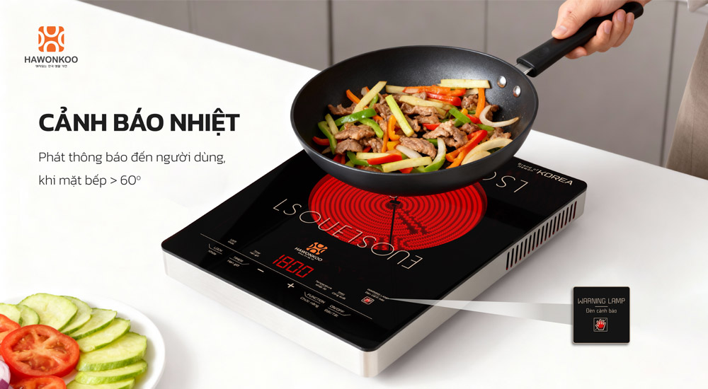 Bếp Đơn Hồng Ngoại Hawonkoo SEOUL-CEH-110 hiển thị cảnh báo mặt bếp nóng