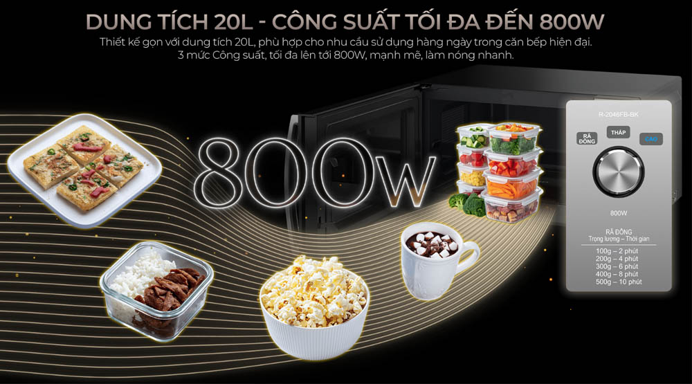 Dung tích 20 lít kết hợp công suất 800W, phù hợp nhu cầu sử dụng hàng ngày