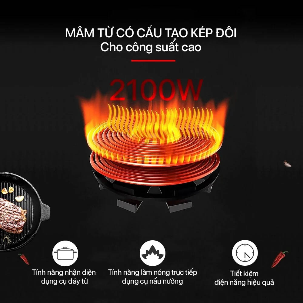 Bếp Điện Từ Elmich ICE-3874 sở hữu mâm từ kép đôi cùng công suất 2100W