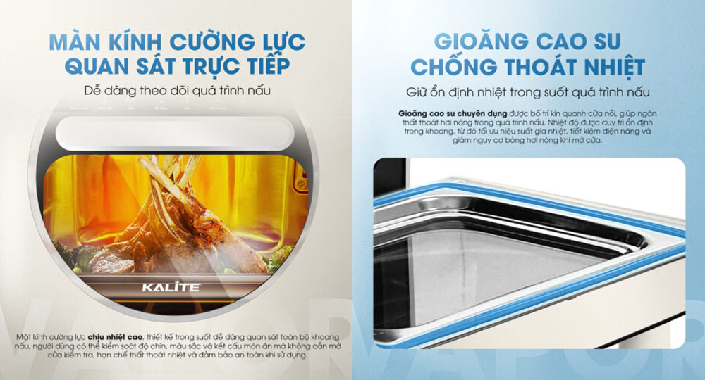 Nồi Chiên Hơi Nước Kalite Vapor sở hữu màn kính cường lực trong suốt