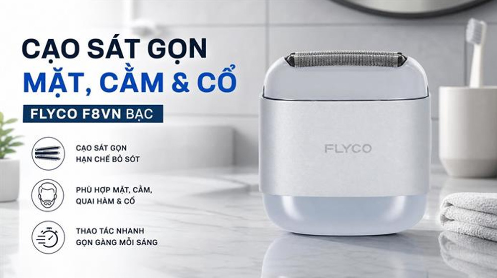 Máy Cạo Râu Điện Flyco F8VN Màu Bạc có đầu cạo linh hoạt ôm sát khuôn mặt