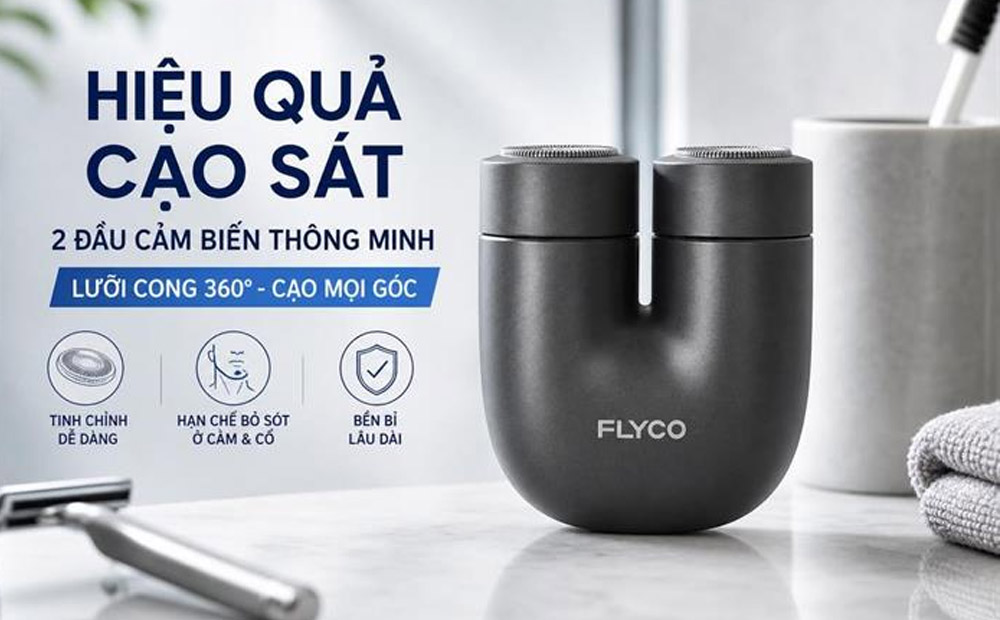 Máy Cạo Râu Điện Flyco U1VN Màu Đen có đầu cạo tự nhận diện kích hoạt