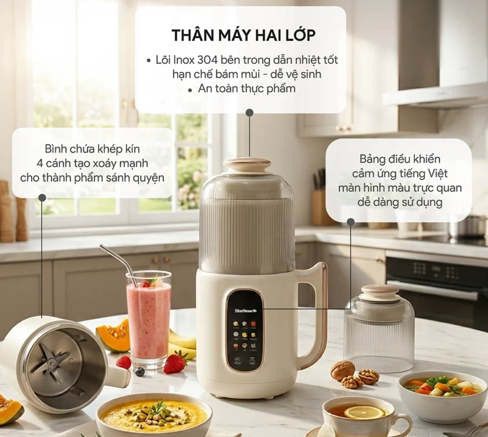 Thân máy 2 lớp giúp cách nhiệt tốt, ruột cối được làm từ Inox 304 cao cấp