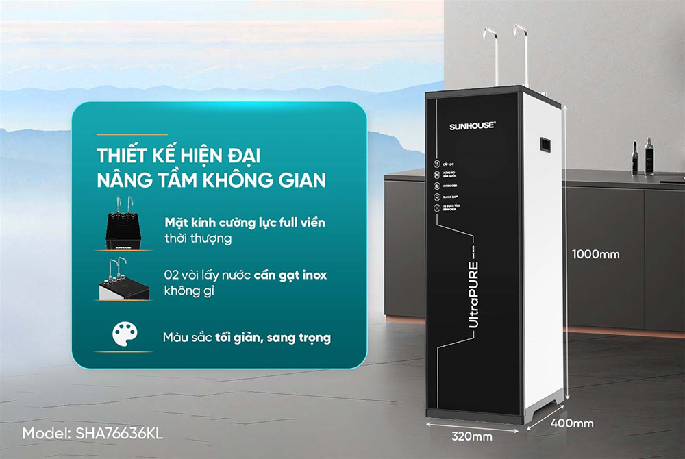 Máy lọc nước RO UltraPURE Sunhouse SHA76636KL mặt kính cường lực full viền