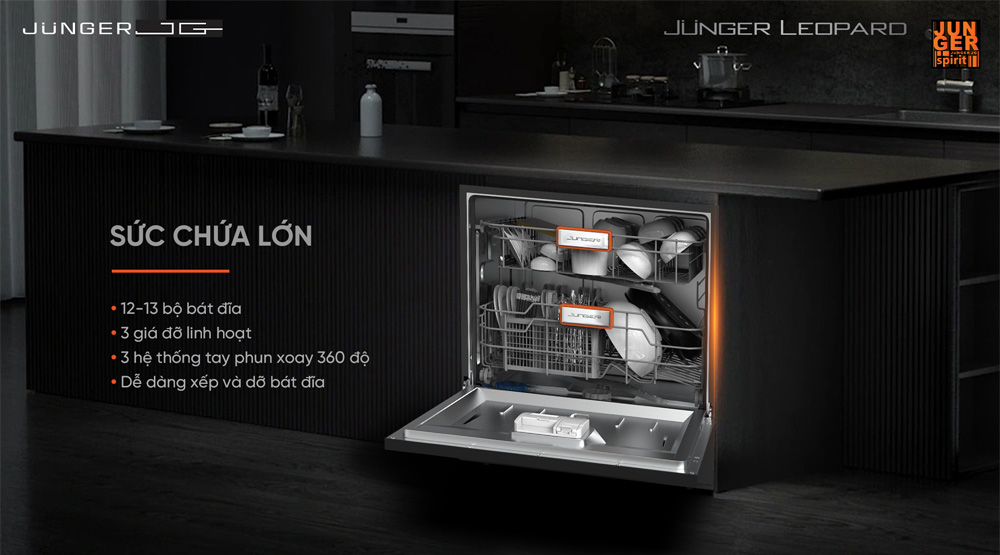 Máy Rửa Bát Leopard DWJ-136-VG chứa được 12 - 13 bộ bát đĩa Châu Âu
