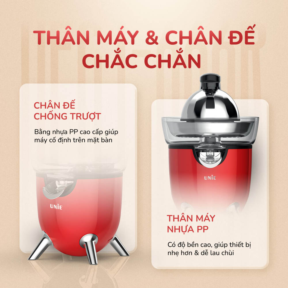 Thân máy được làm từ nhựa PP cao cấp kết hợp chân đế chống trượt