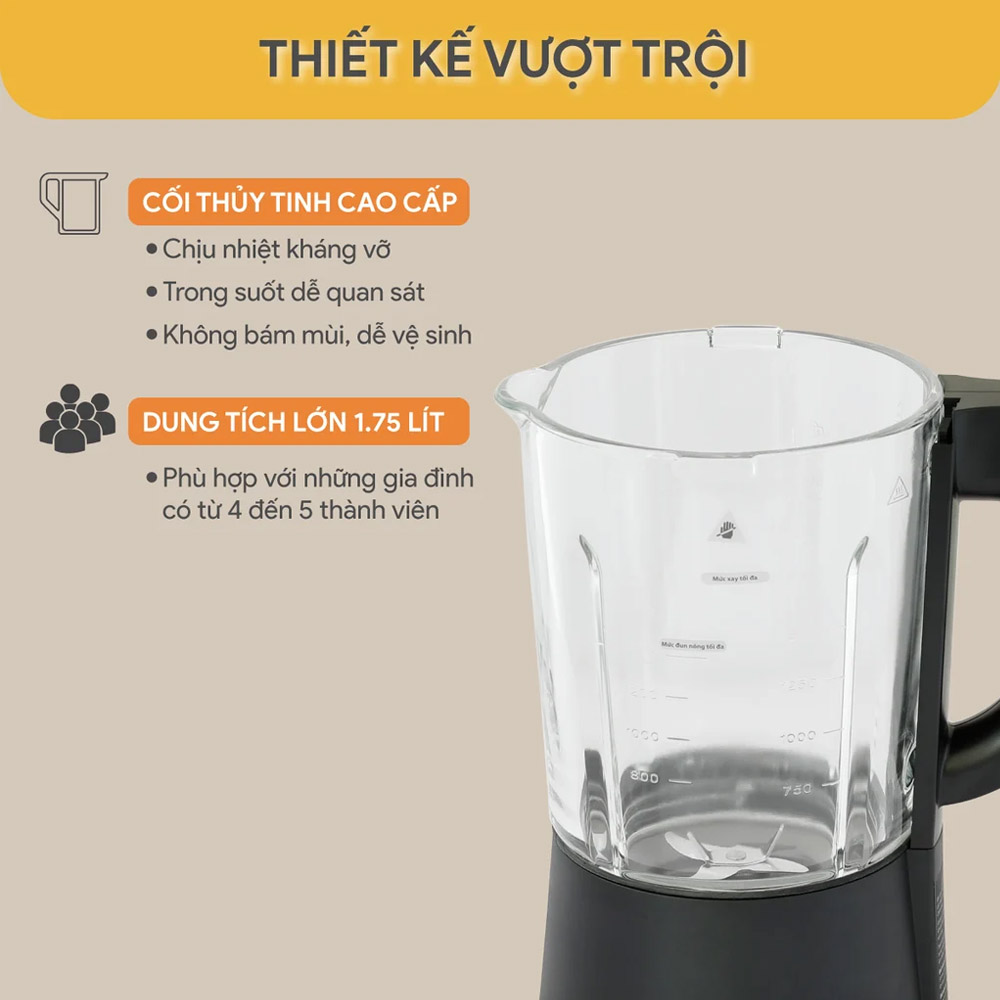 Cối thủy tinh chịu nhiệt dung tích 1.75L, an toàn khi nấu món nóng