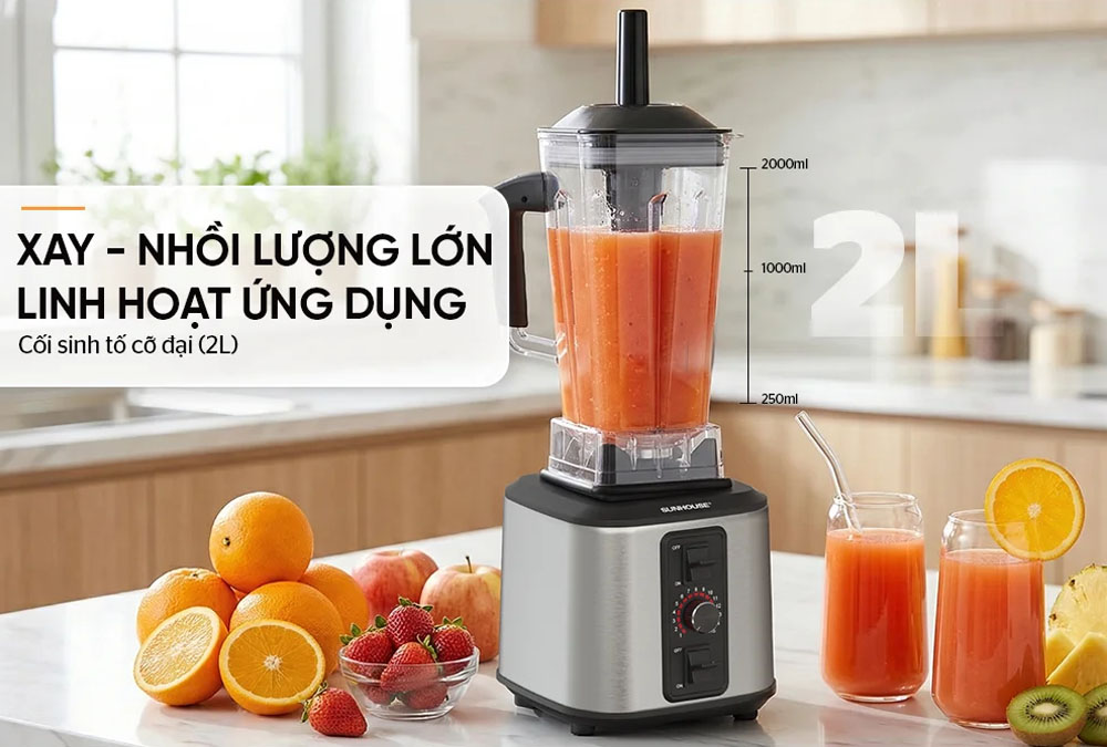 Cối xay dung tích 2 lít cho phép xay lượng lớn thực phẩm trong một lần