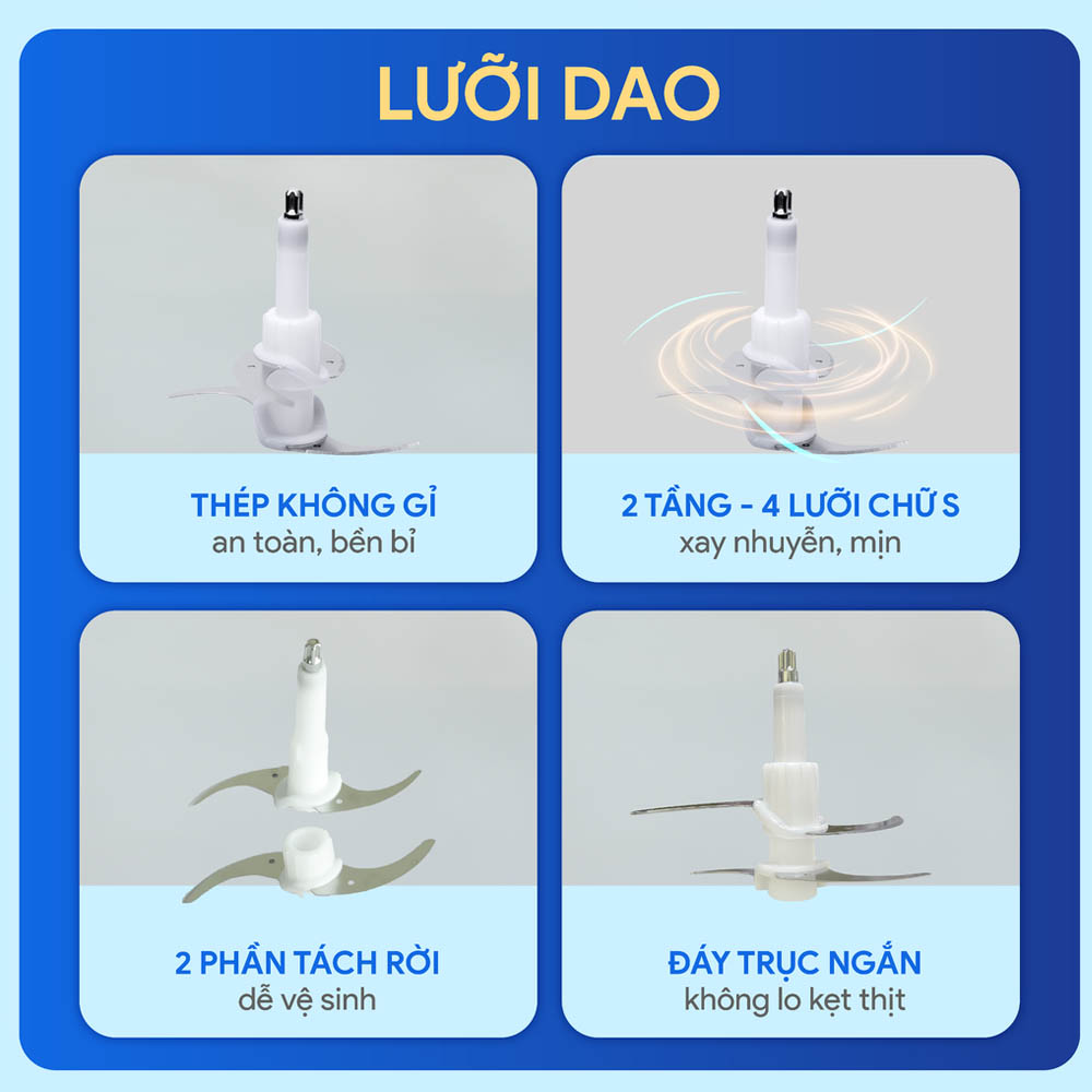 Hệ thống lưỡi dao 2 tầng hỗ trợ xay nguyên liệu nhuyễn mịn