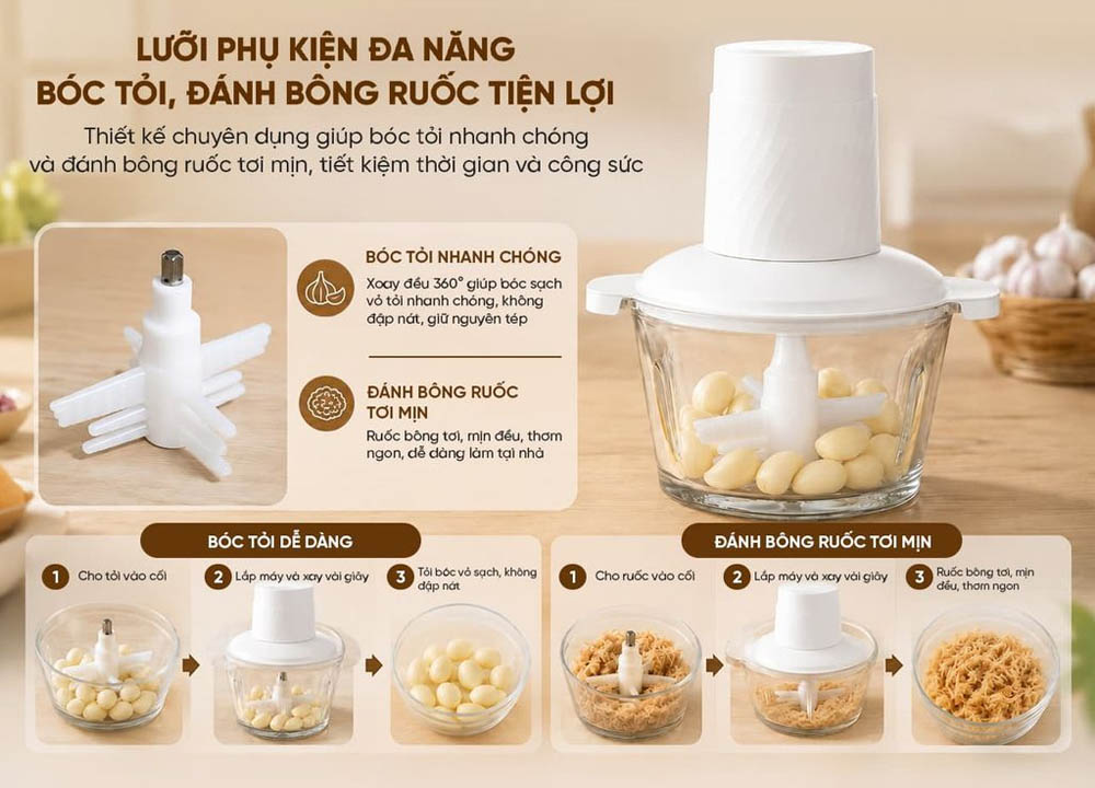 Máy Xay Thịt Masuto MSCHOPPER4S đi kèm lưỡi bóc tỏi và đánh bông ruốc