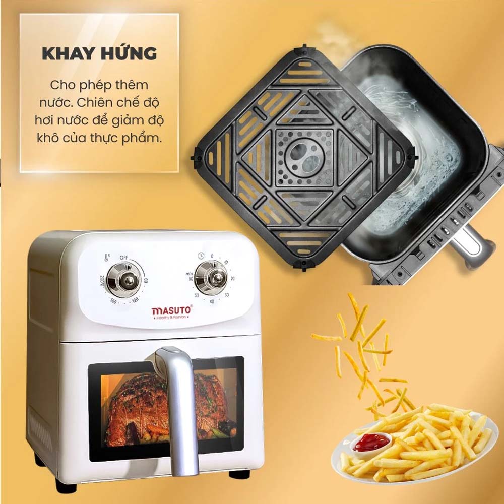Khay hứng cho phép thêm nước, chiên hơi nước để thực phẩm không bị khô