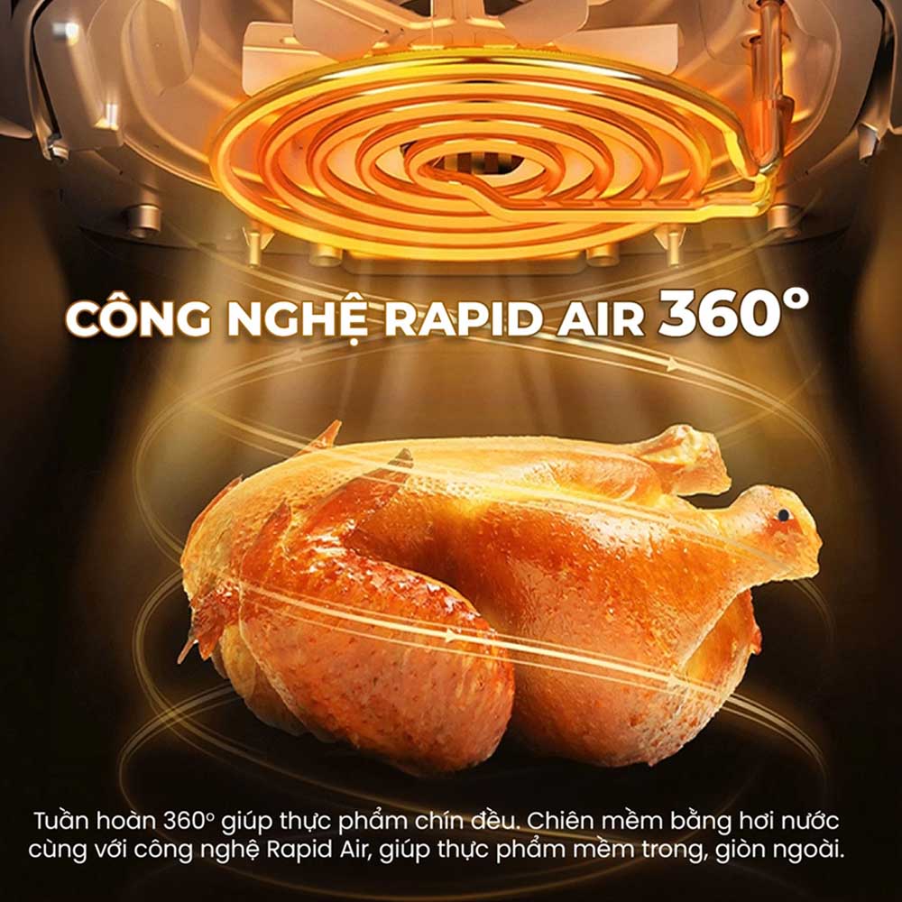 Công nghệ Rapid Air giúp món ăn có lớp ngoài vàng giòn, bên trong chín mềm