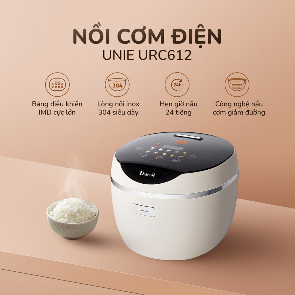 Nồi Cơm Điện Tử Unie URC612 1.2 Lít sở hữu kiểu dáng nắp gài