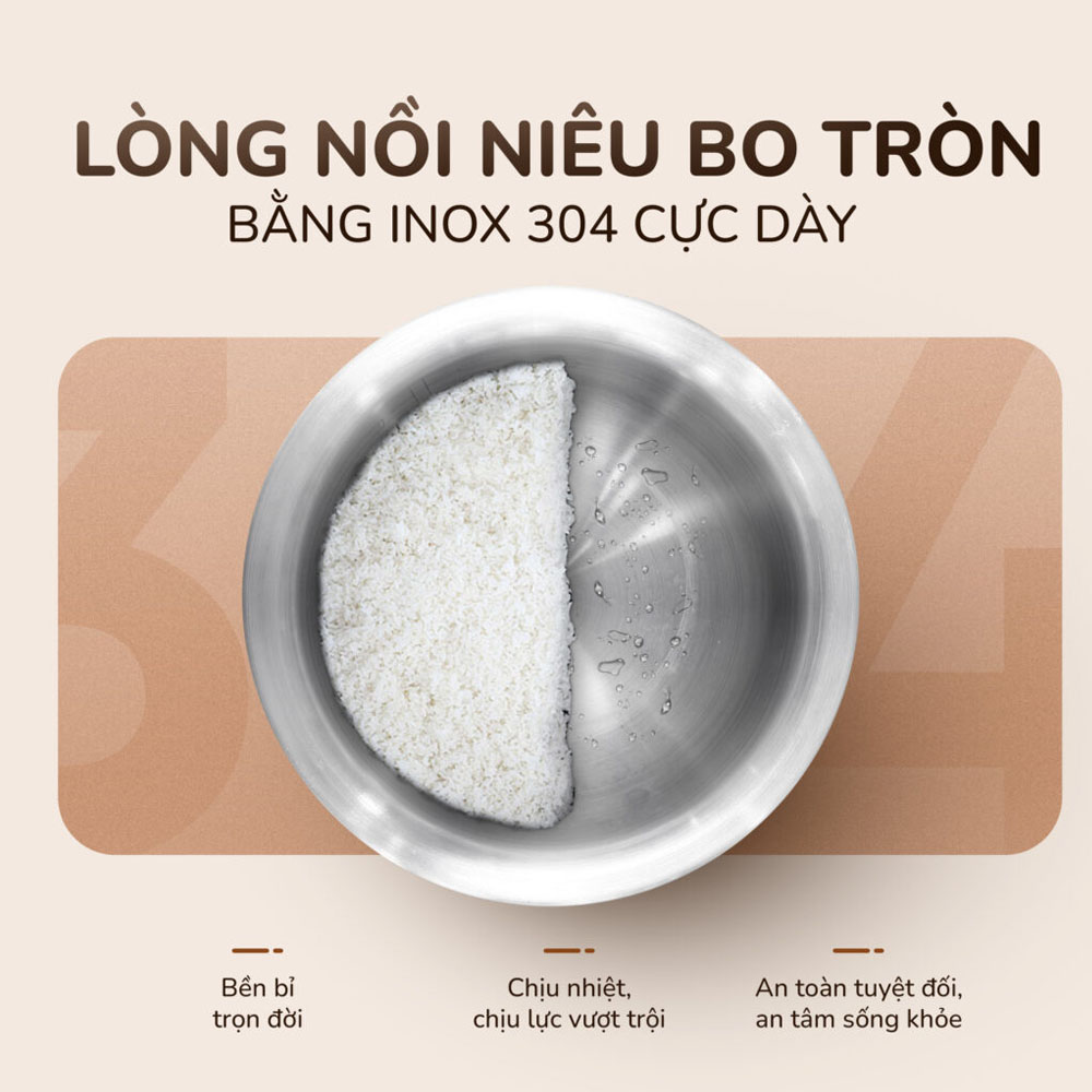 Lòng nồi niêu inox 304 nguyên khối bền chắc, chịu nhiệt tốt