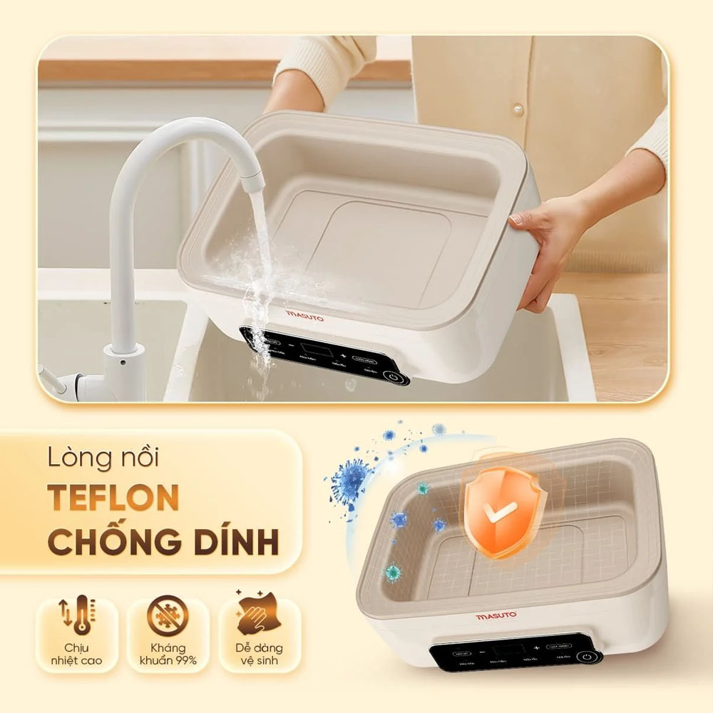 Lòng nồi Teflon phủ chống dính cao cấp, hạn chế thực phẩm bám dính