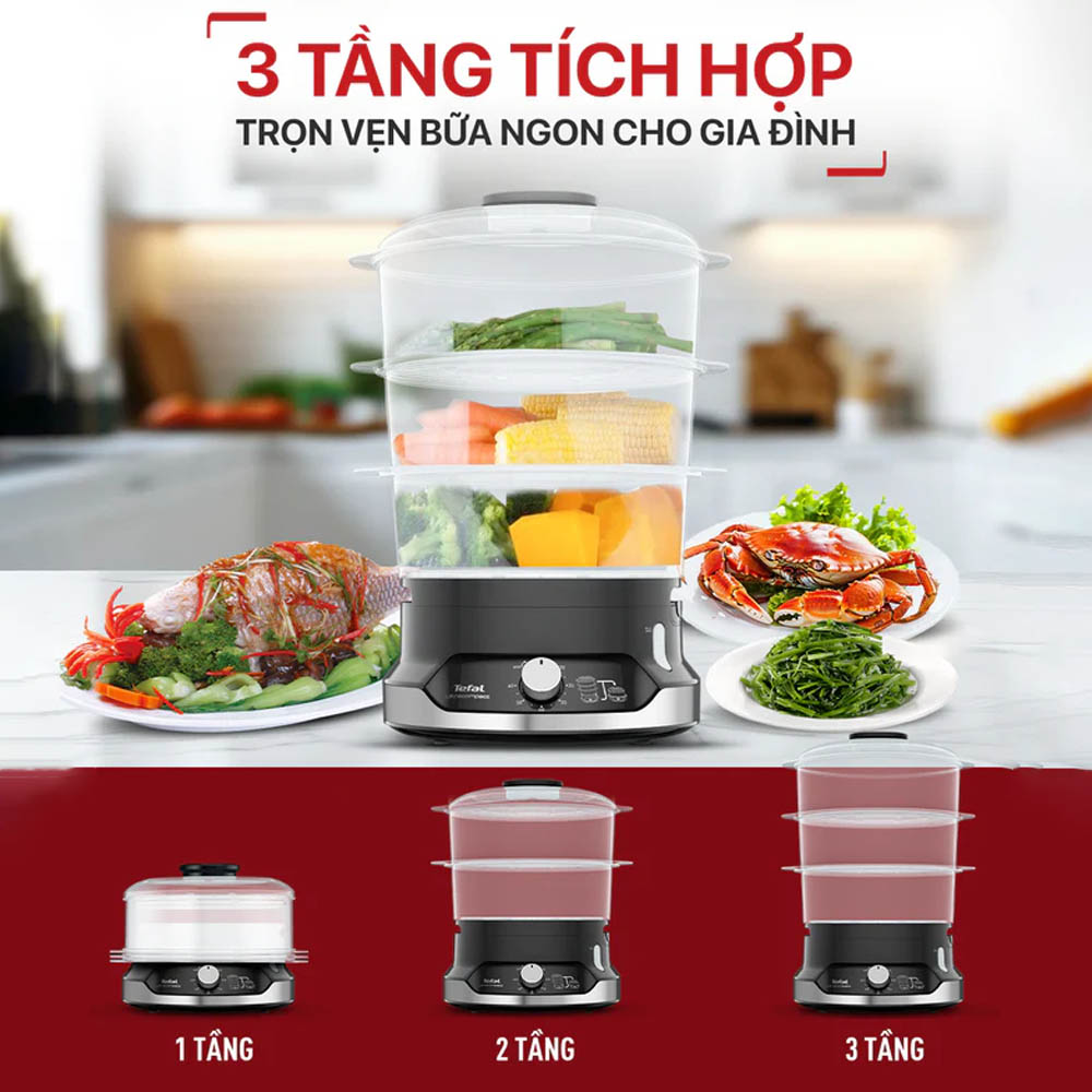 Hệ thống 3 tầng hấp dung tích 9 lít giúp chế biến lượng lớn thức ăn