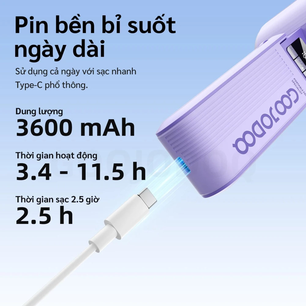 Quạt Cầm Tay GOOJODOQ GFS023 (PURPLE) có viên pin 3600mAh