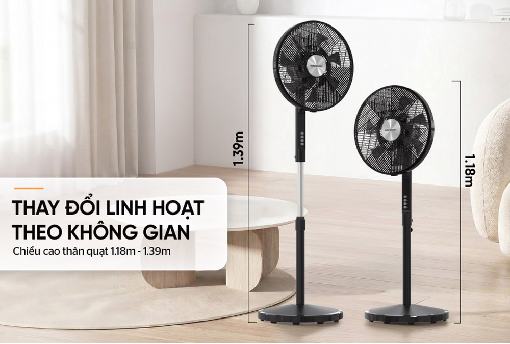 Có thể điều chỉnh chiều cao thân quạt từ 1.18m đến 1.39m