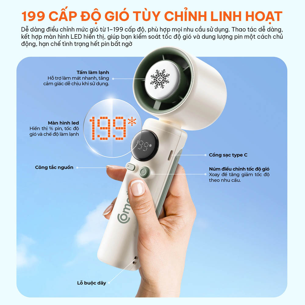 Quạt Sạc Cầm Tay Comet CRF1202 tùy chỉnh đến 199 cấp độ gió