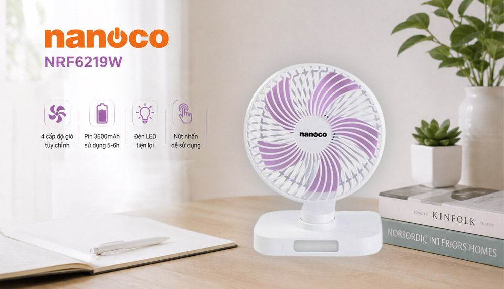 Quạt Sạc Nanoco NRF6219W Màu Trắng 