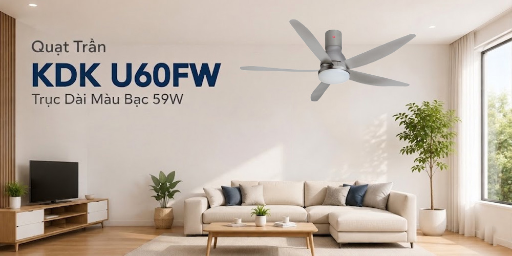 Quạt Trần KDK U60FW Trục Dài Màu Bạc 59W cho làn gió mát mẻ