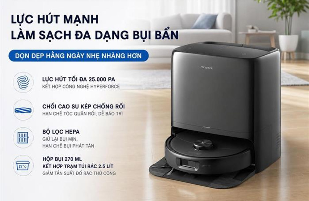 Roborock Qrevo 2 Pro Đen làm sạch đa dạng bụi bẩn