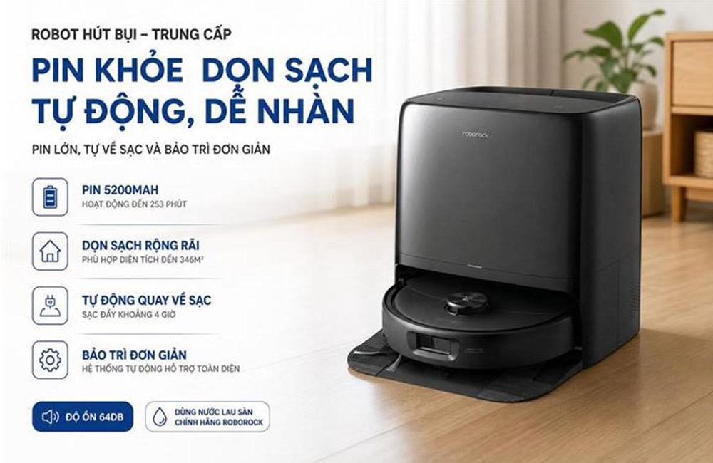 Roborock Qrevo 2 Pro Đen làm sạch không gian rộng đến 346m²