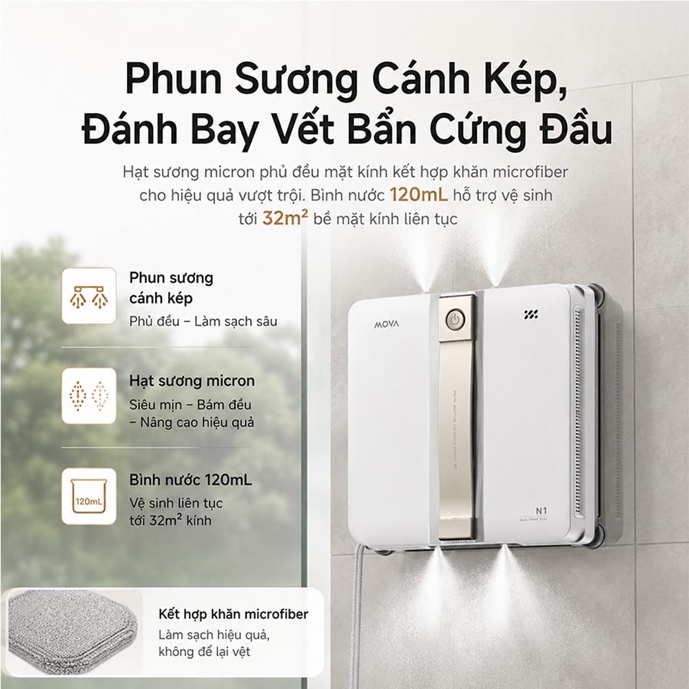 Hệ thống phun sương kép của Robot Hút Bụi Lau Kính Mova N1