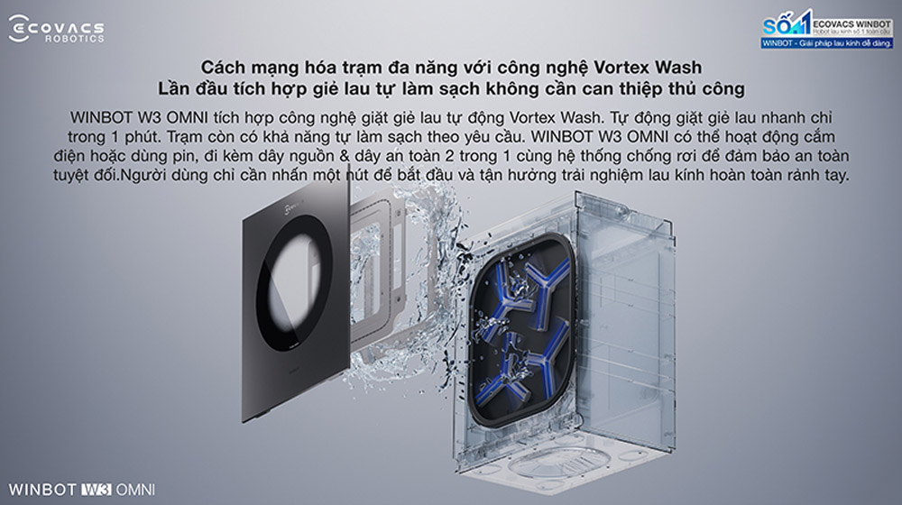 Robot lau kính Ecovacs W3 OMNI giặt khăn lau trong khoảng 1 phút