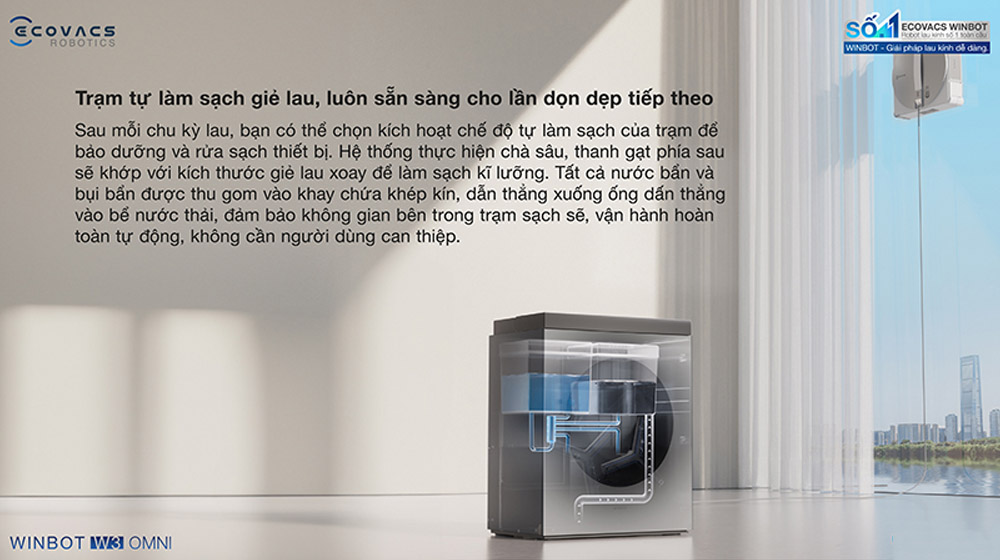 Robot lau kính Ecovacs W3 OMNI luôn sẵn sàng cho lần dọn dẹp sau