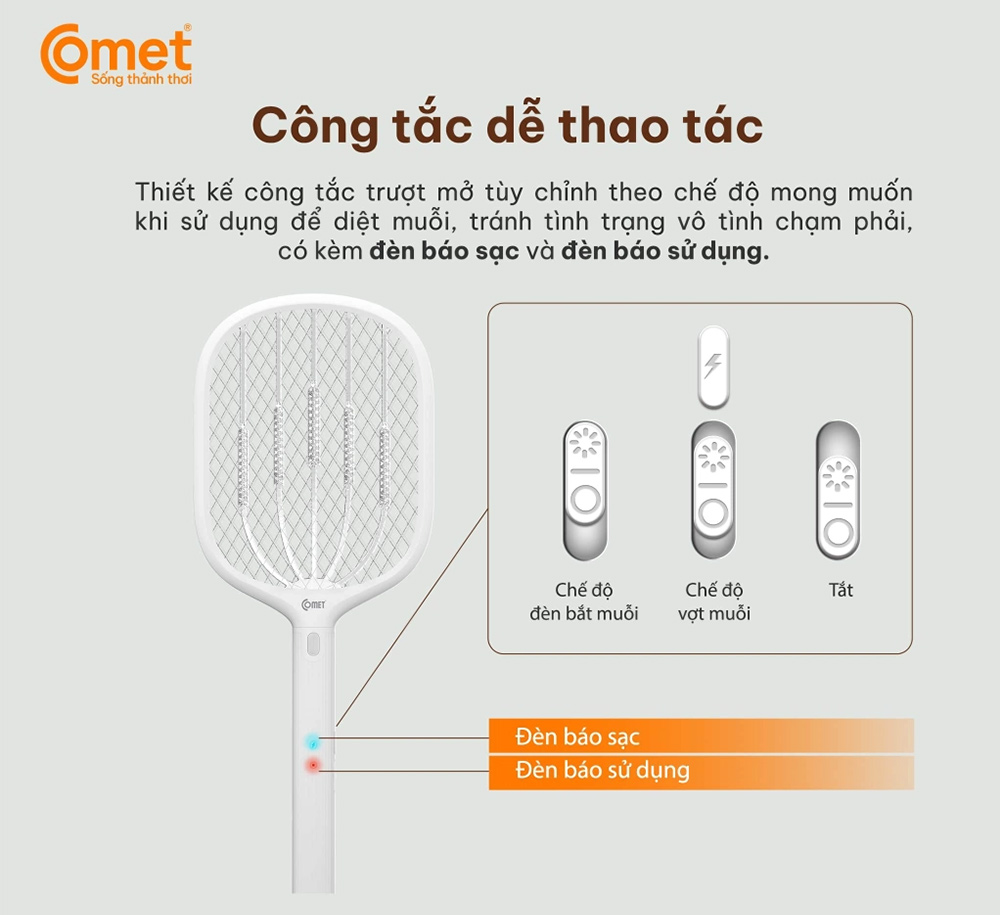 Thân vợt tích hợp công tắc trượt linh hoạt