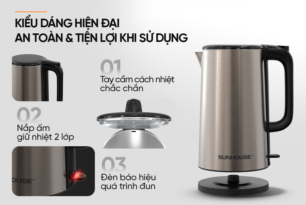Ấm Siêu Tốc Sunhouse SHD1396 trang bị tay cầm cách nhiệt và nắp ấm 2 lớp