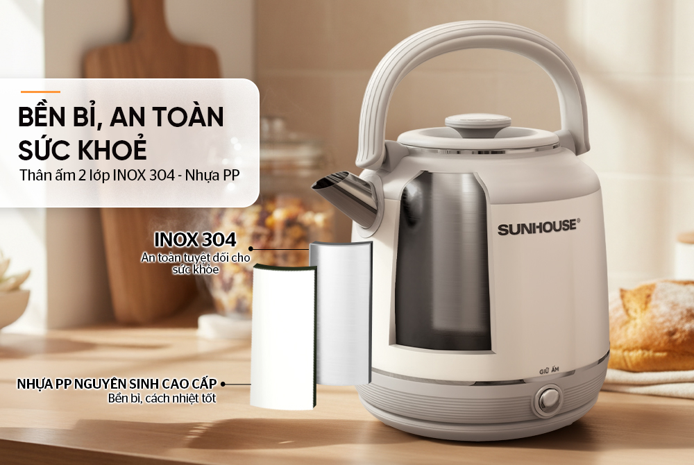 Ấm Siêu Tốc Inox Giữ Nhiệt Sunhouse SHD1392 sở hữu cấu tạo 2 lớp