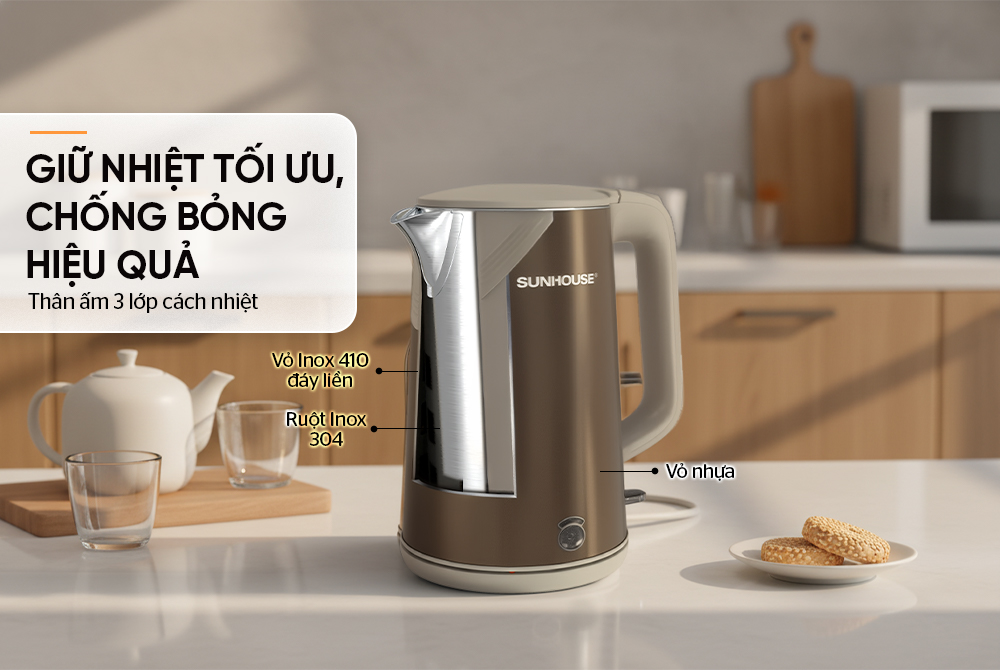 Ấm Siêu Tốc Inox 3 Lớp Sunhouse SHD1377 sở hữu thân ấm 3 lớp cách nhiệt