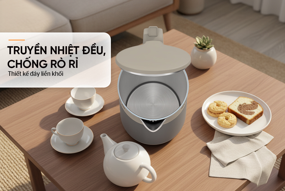 Ấm Siêu Tốc Inox 3 Lớp Sunhouse SHD1376 được thiết kế với đáy liền khối