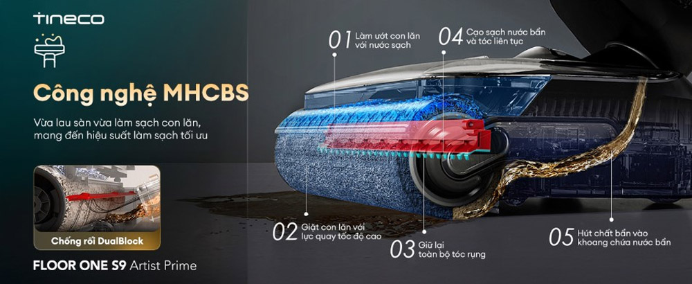 Tineco Floor One S9 Artist Prime làm sạch con lăn liên tục
