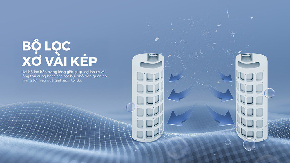 Bộ lọc xơ vải kép tăng hiệu quả làm sạch, giữ quần áo luôn như mới