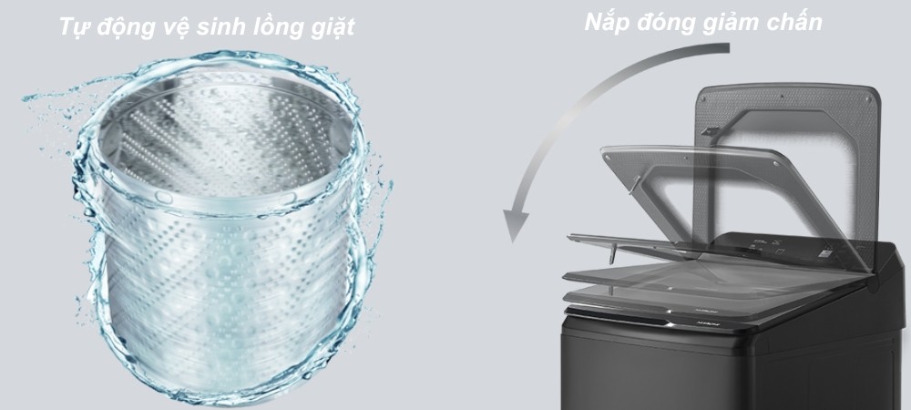 Máy Giặt Hitachi LTL H3MVW0T GG tự động vệ sinh lồng giặt, nắp đóng giảm chấn