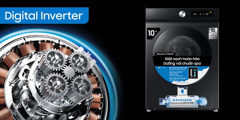 Máy Giặt Inverter 10 kg WW10DB7U34GBSV vận hành êm ái, hạn chế rung lắc và tiết kiệm điện năng đáng kể