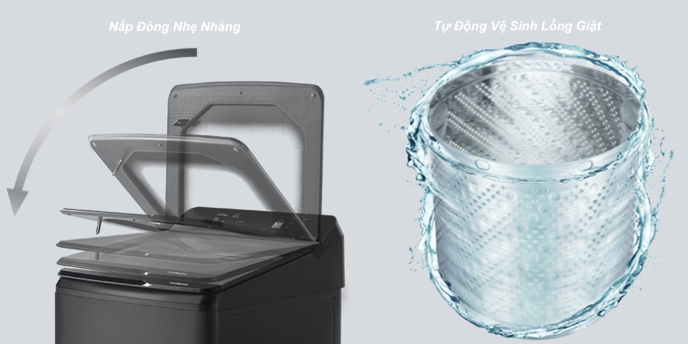 Máy giặt LTL 12MVW0T GG với nắp đóng giảm chấn và tự động vệ sinh lồng giặt