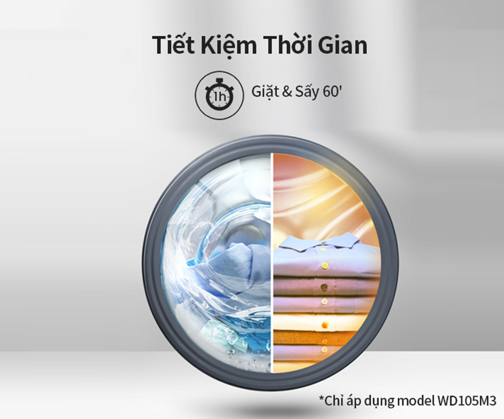 Máy Giặt Sấy Hisense WD105M3 giúp quần áo sạch và khô nhanh chóng